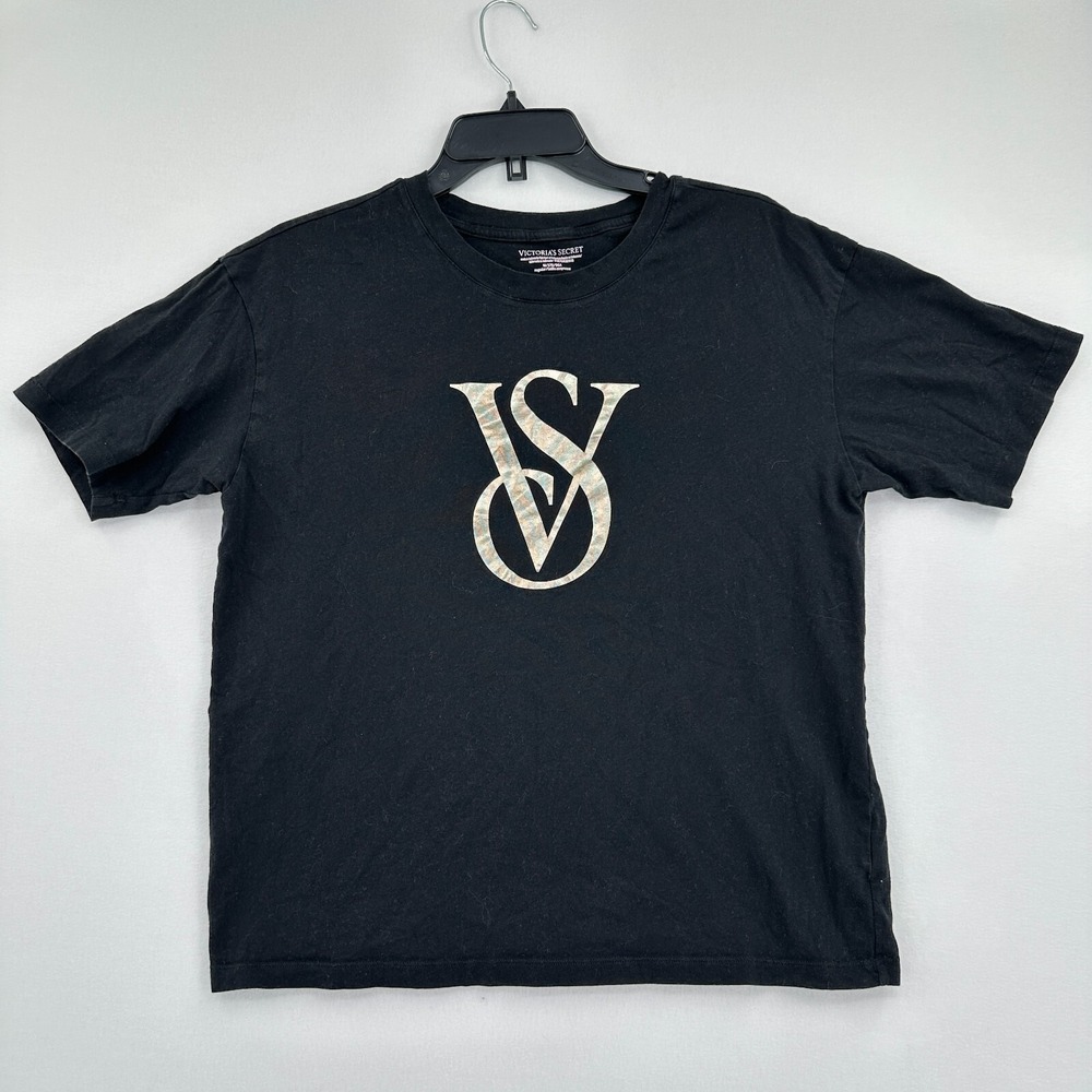 Victorias Secret Shirt Metallic Logo Womens‎ M Black Tee Y2K Basic Lounge Pajama